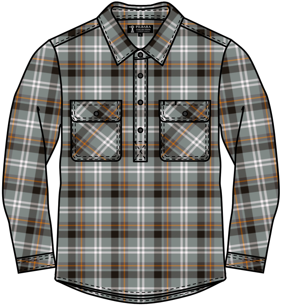 Pilbara RM123FCF Men's Closed Front Flannelette Shirt, Colour: Grey/Orange, Size: Small