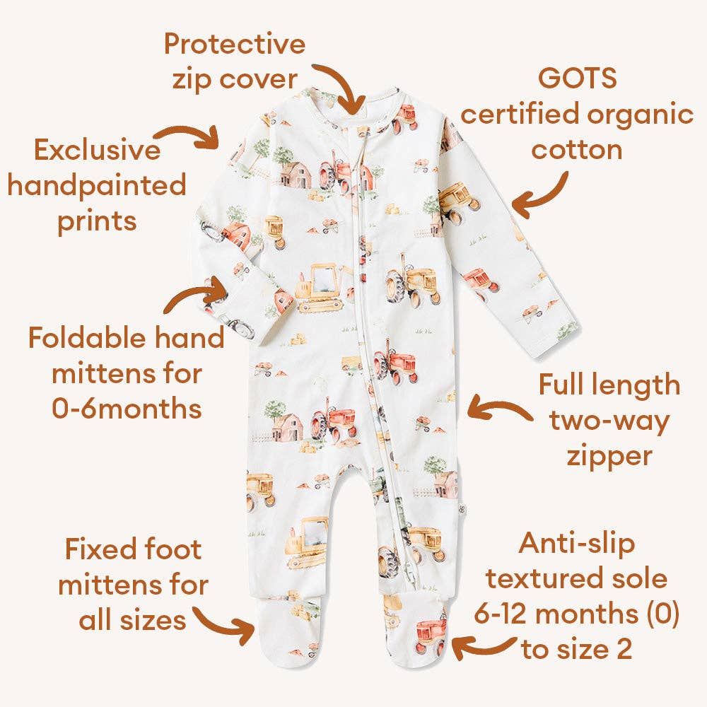 Diggers &amp; Tractors Organic Snuggle Sleepsuit Zip Footie