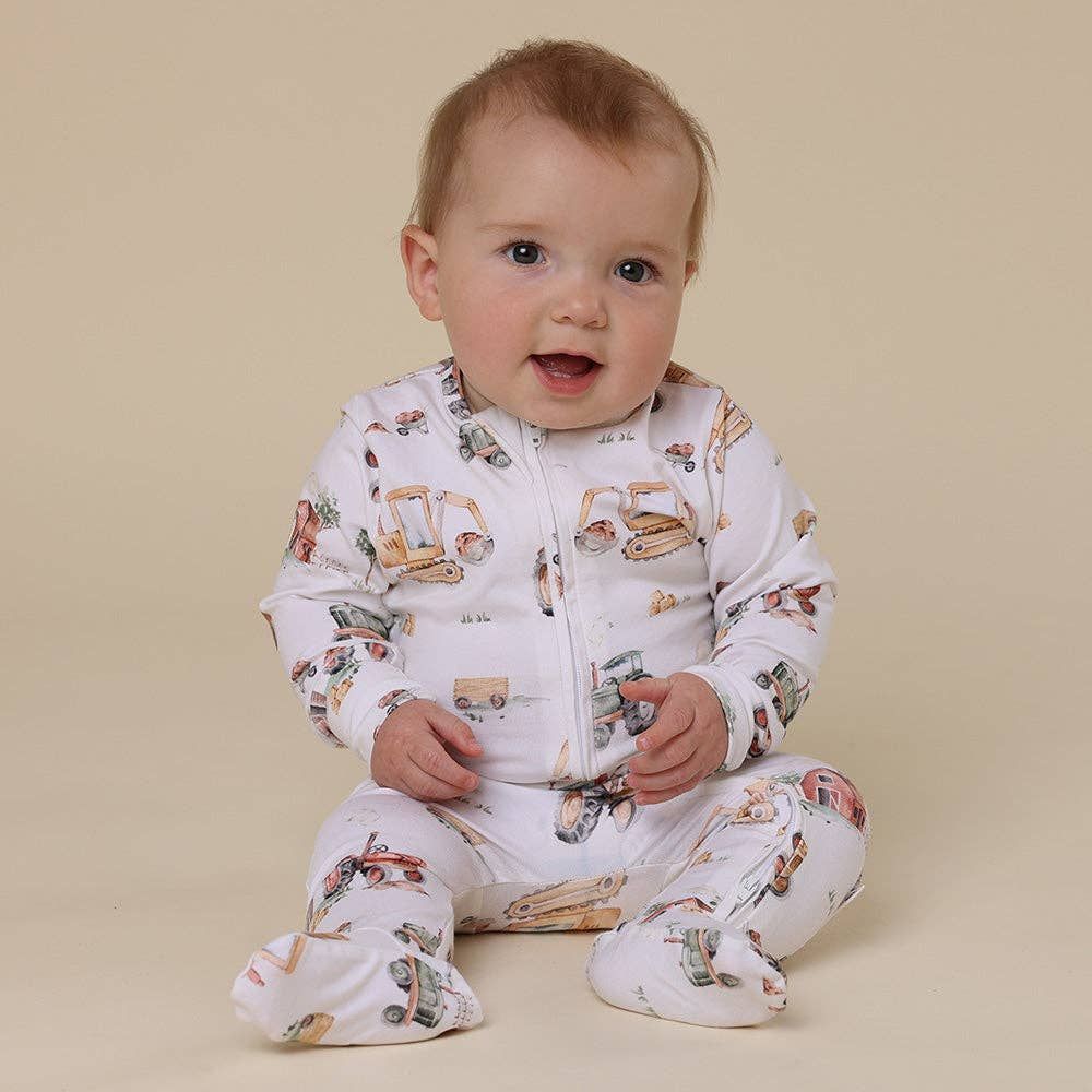 Diggers &amp; Tractors Organic Snuggle Sleepsuit Zip Footie