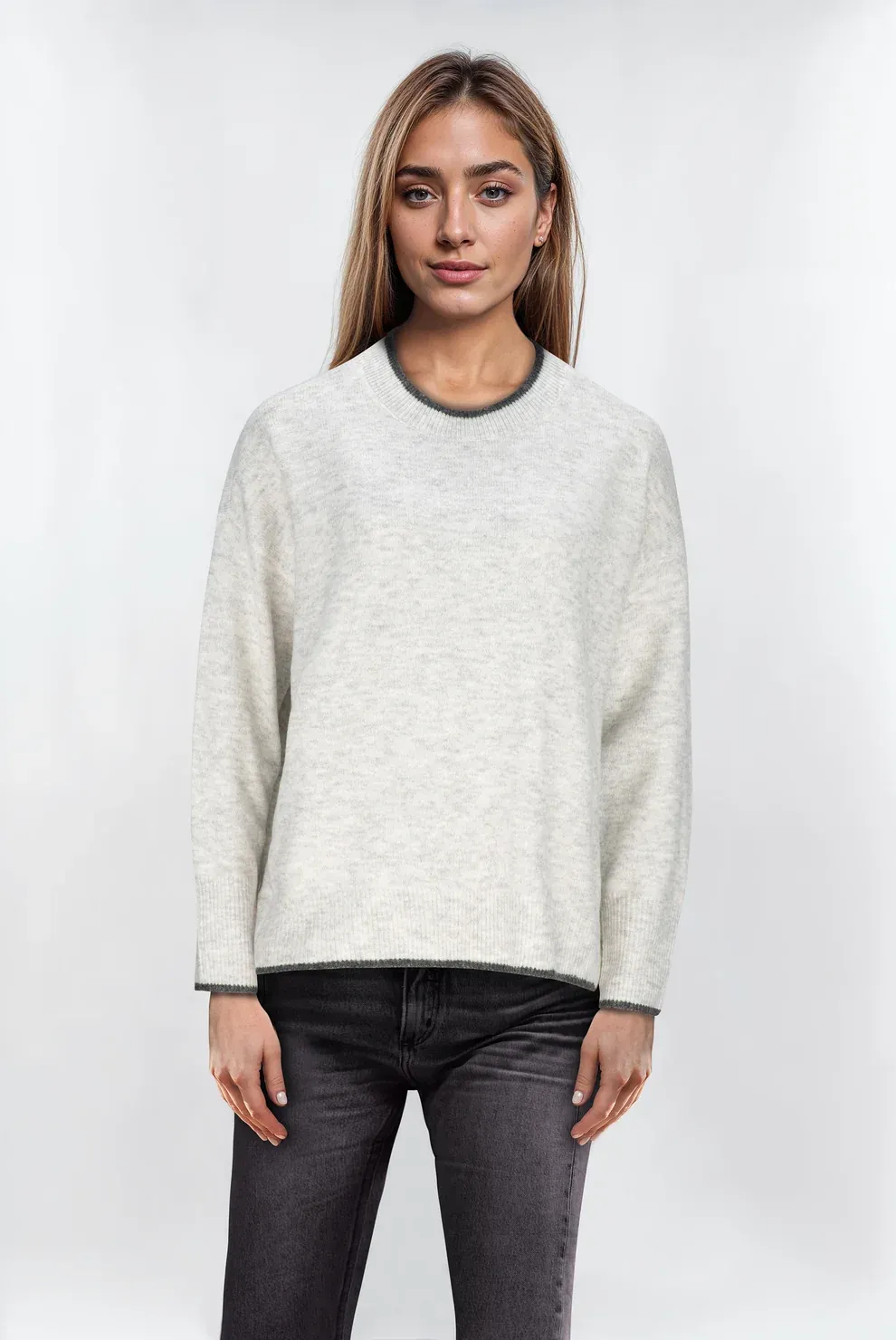 CD-2520 C/Trim Crew Neck Jumper, Colour: Light Grey, Size: S
