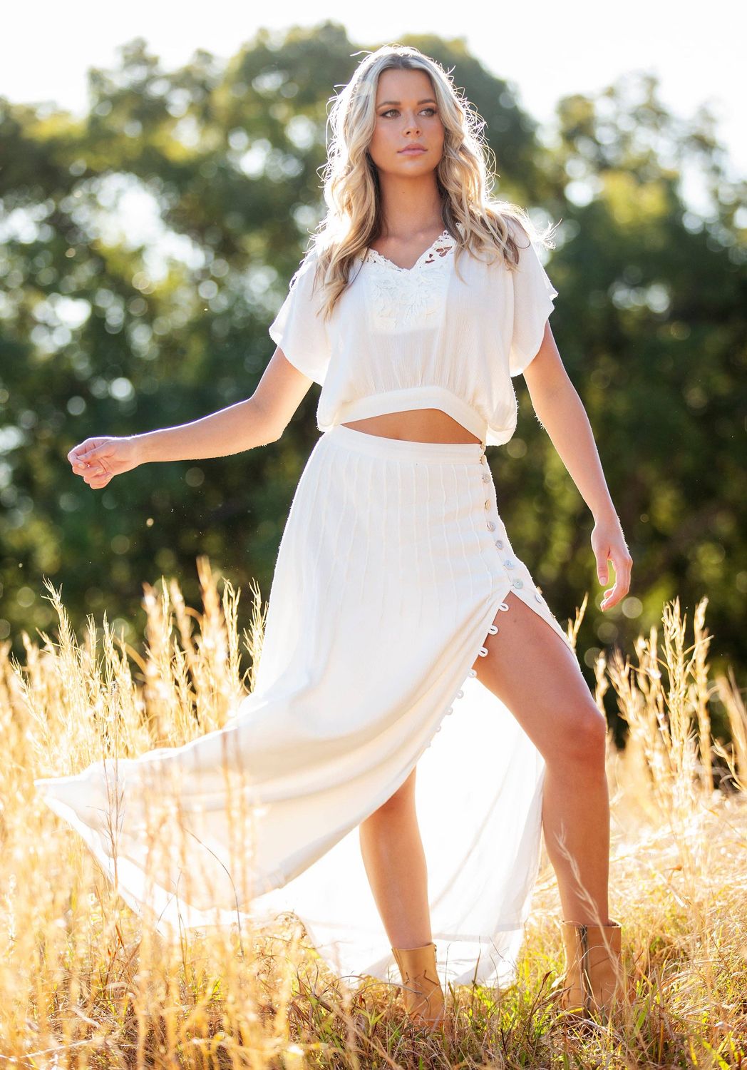 Pin Tuck Maxi Skirt - Ivory, Size: S