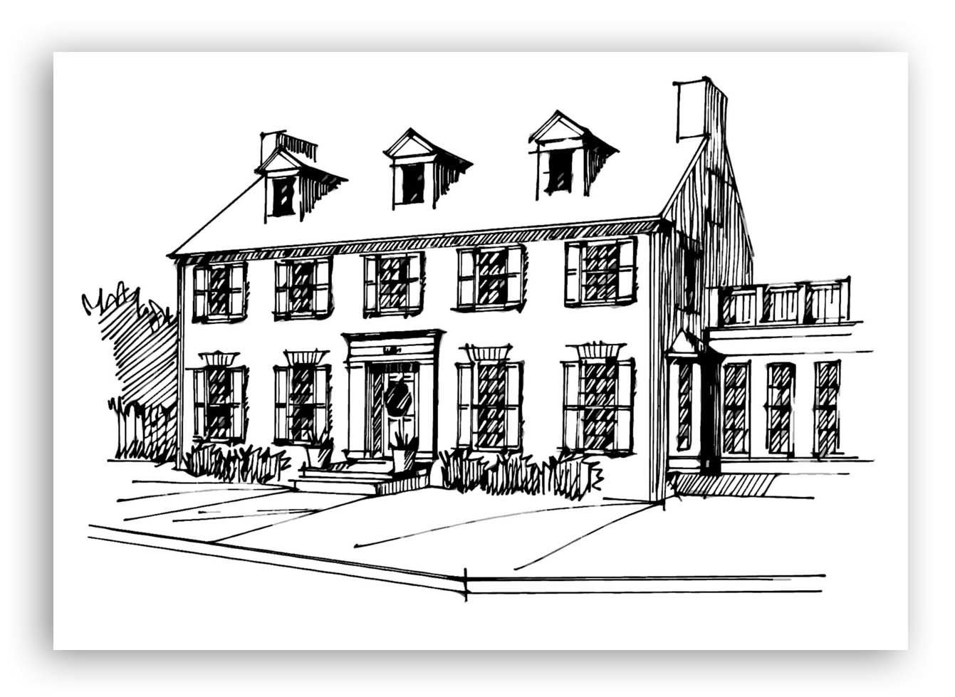 Hand-Drawn Black and White Architectural Home Sketch