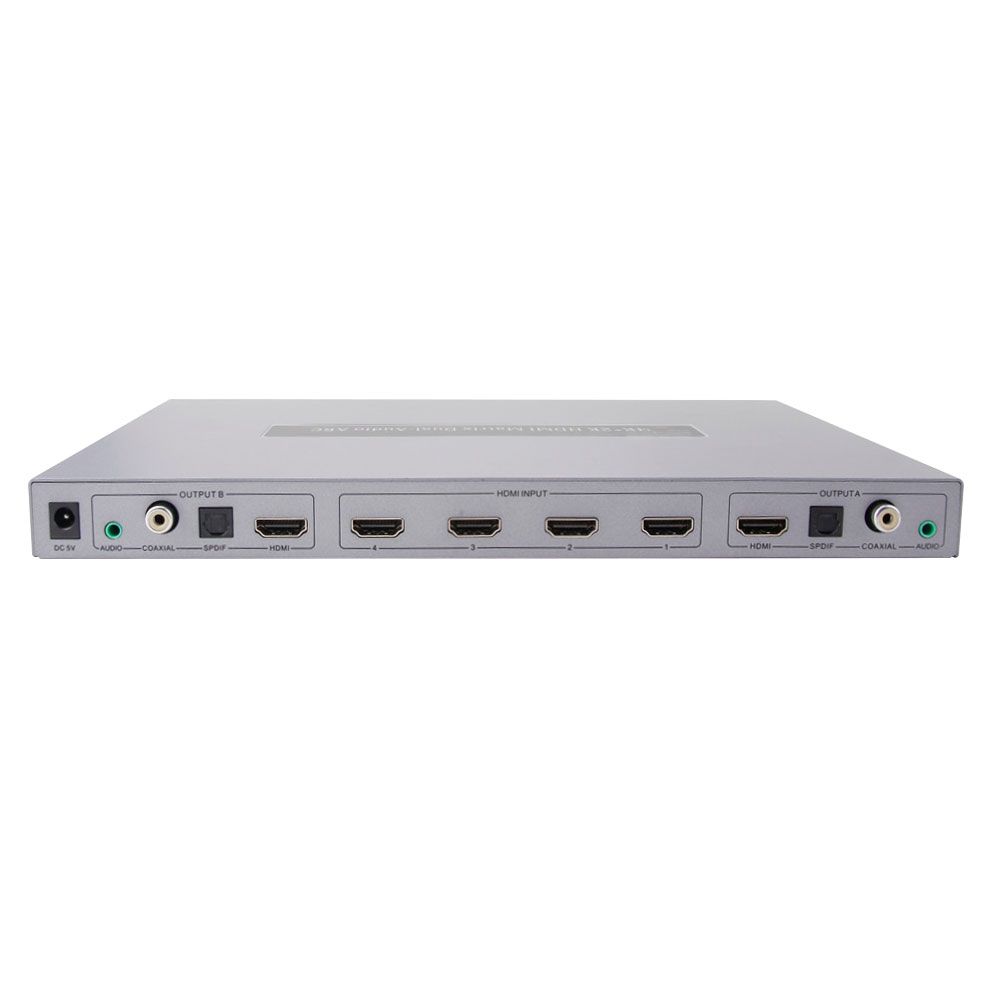 Conmutador matriz de 4 entradas HDMI a 2 grupos de salida (HDMI + Audio Coaxial + Audio 3