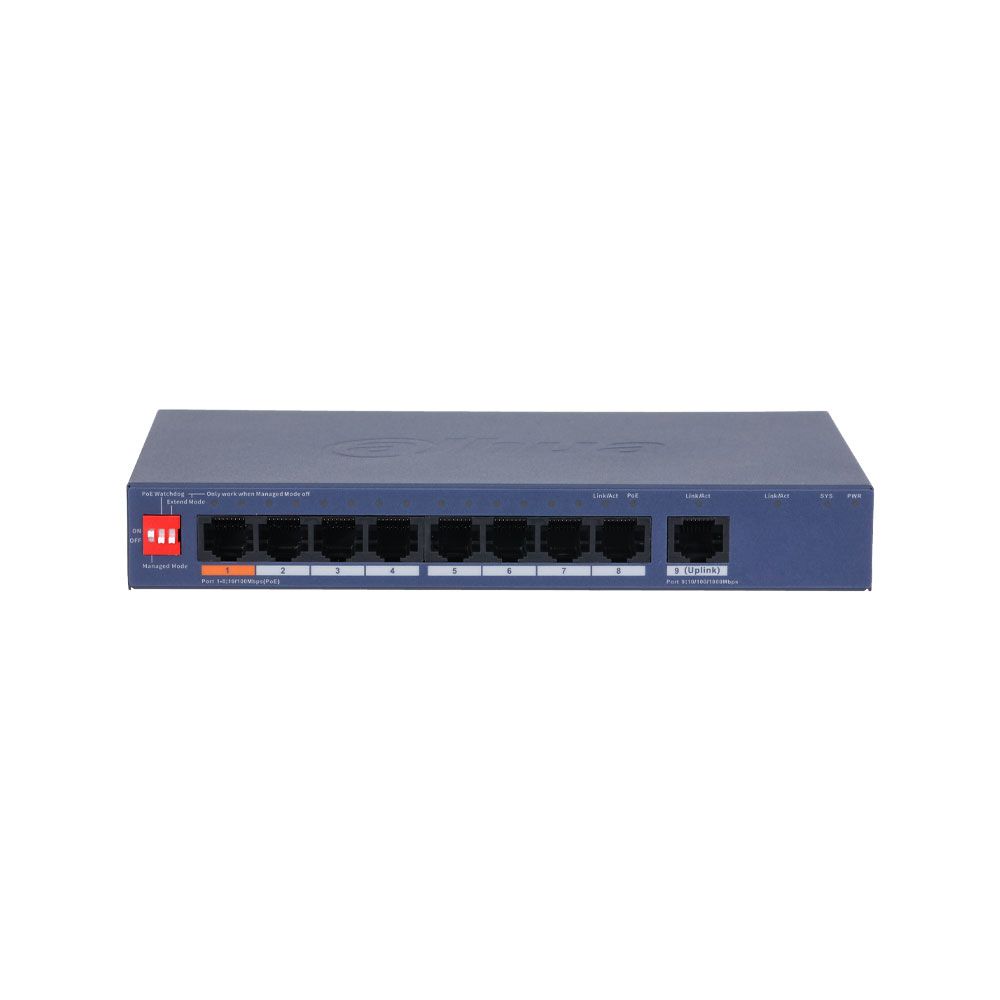 Switch gestionable cloud Dahua de 9 puertos con 8 PoE y Hi-PoE de 60 W