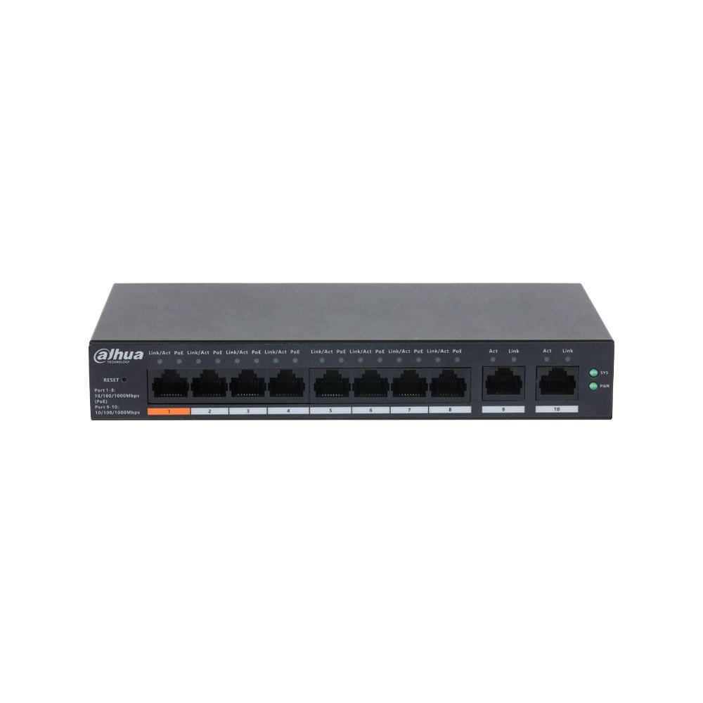 Switch PoE Gigabit gestionable Dahua de capa 2 con 8 puertos PoE y gestión cloud