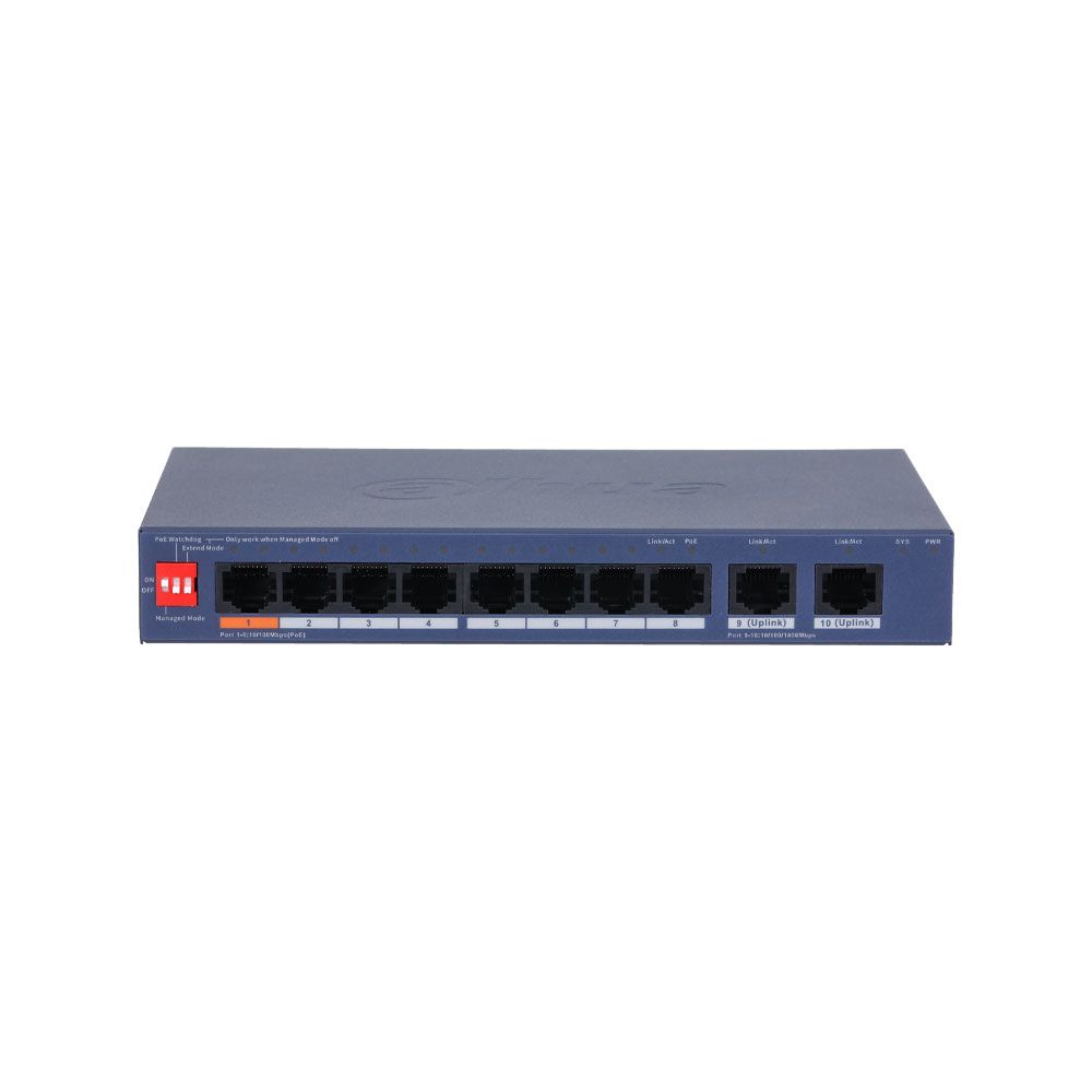 Switch PoE gestionado Dahua de 10 puertos con 8 PoE, 2 Gigabit y gestión cloud