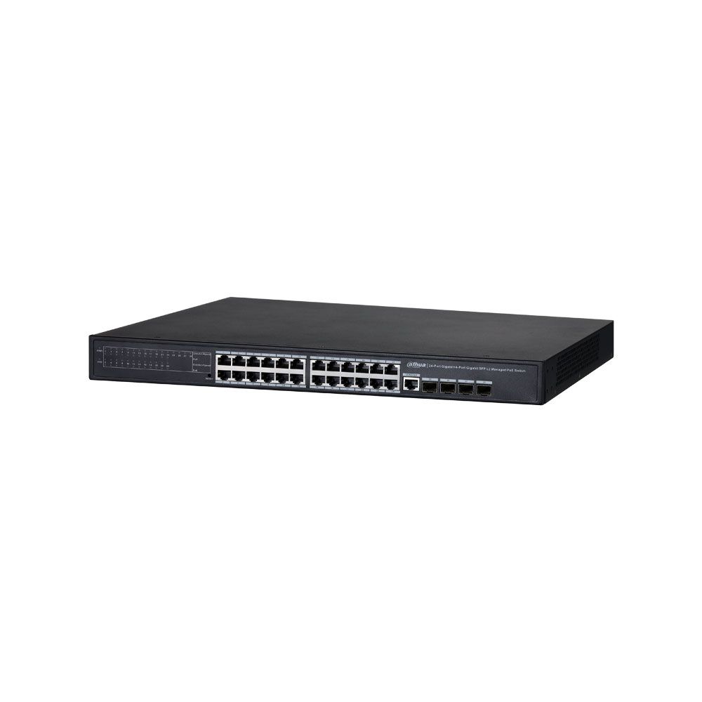 Switch PoE gestionable L2 Dahua de 24 puertos Gigabit PoE con 370 W y 4 puertos 1000 Base-X