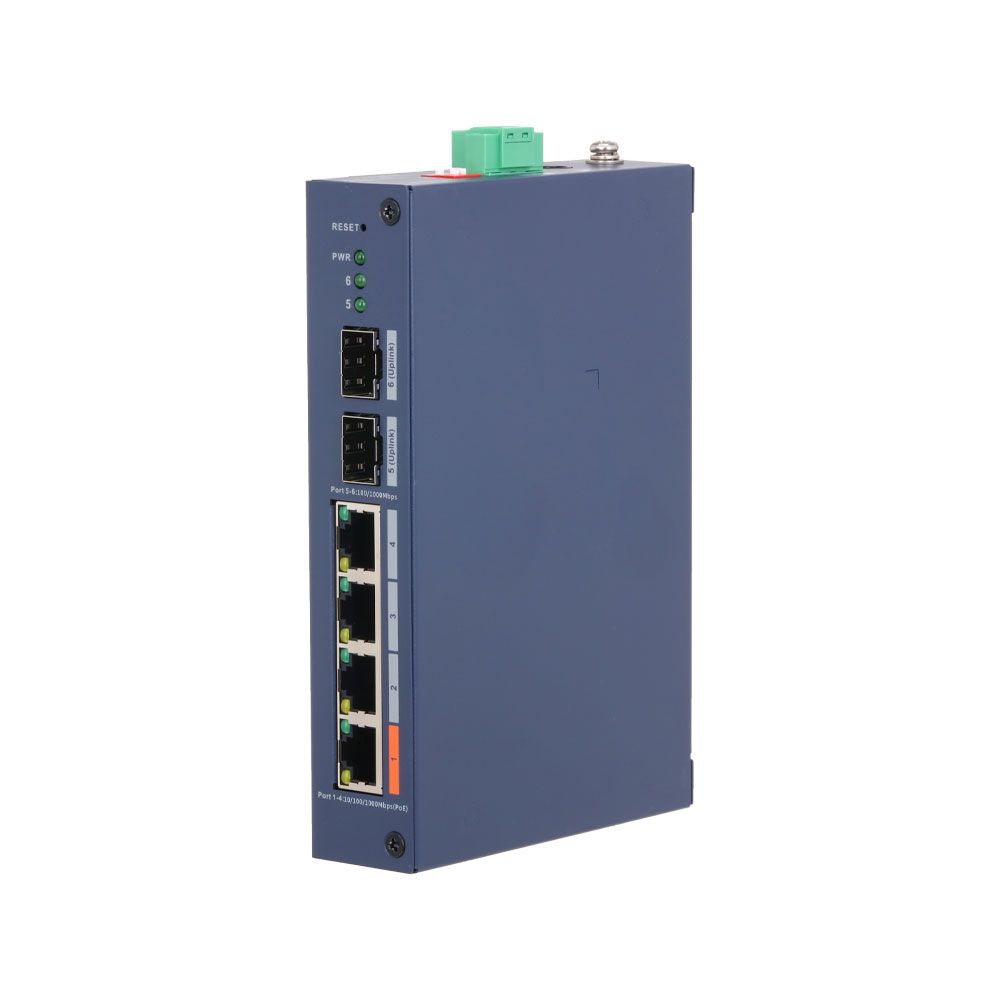Switch gestionable cloud Dahua Hardened de 6 puertos Gigabit con 4 PoE y Hi-PoE de 60 W