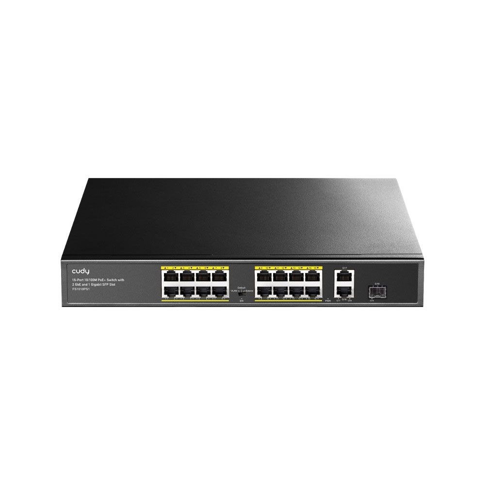 Switch PoE+ Cudy de 16 puertos 10/100M con 2 uplinks Gigabit y 1 SFP