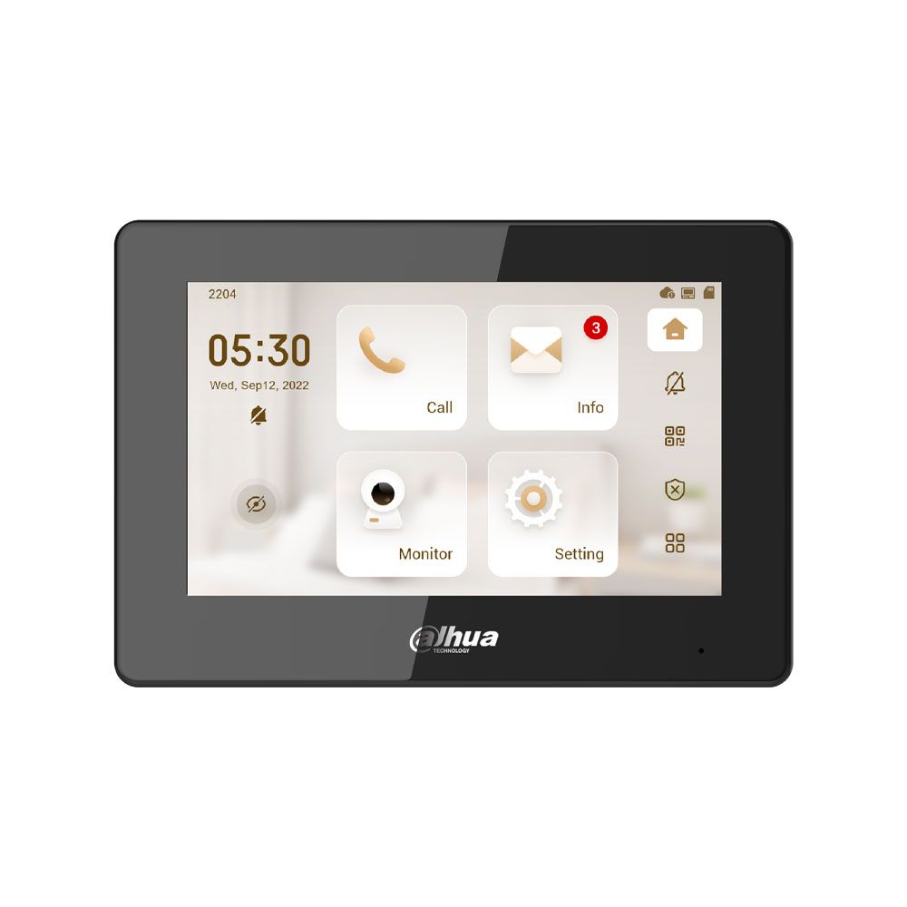 Monitor interior IP Dahua VTH5 en color negro de 7 pulgadas con pantalla táctil y PoE