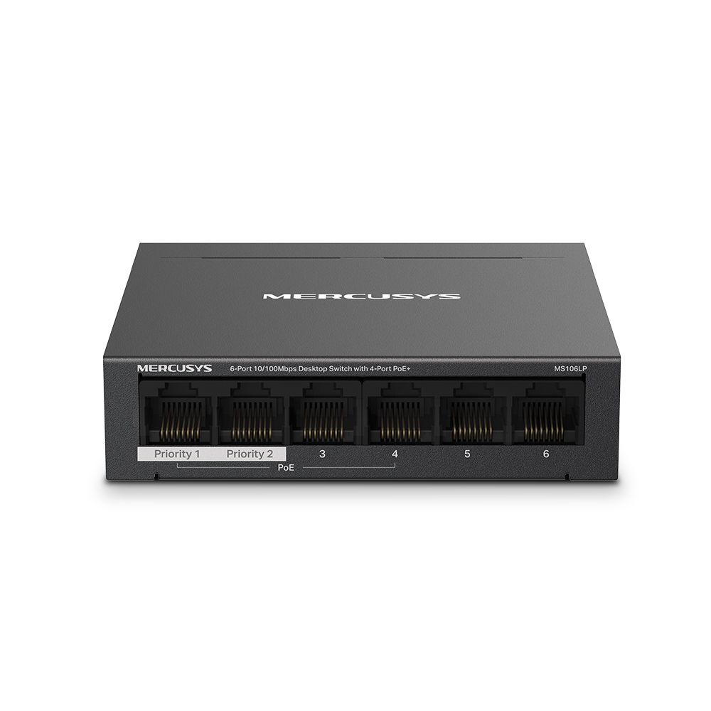 Switch Fast Ethernet Mercusys de 6 puertos con 4 PoE+