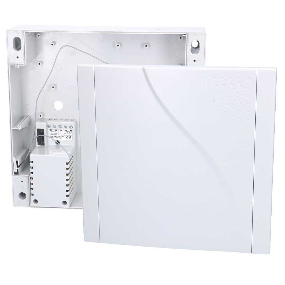 Caja de plÃ¡stico con accesorios y transformador para montar el comunicador QAR-360