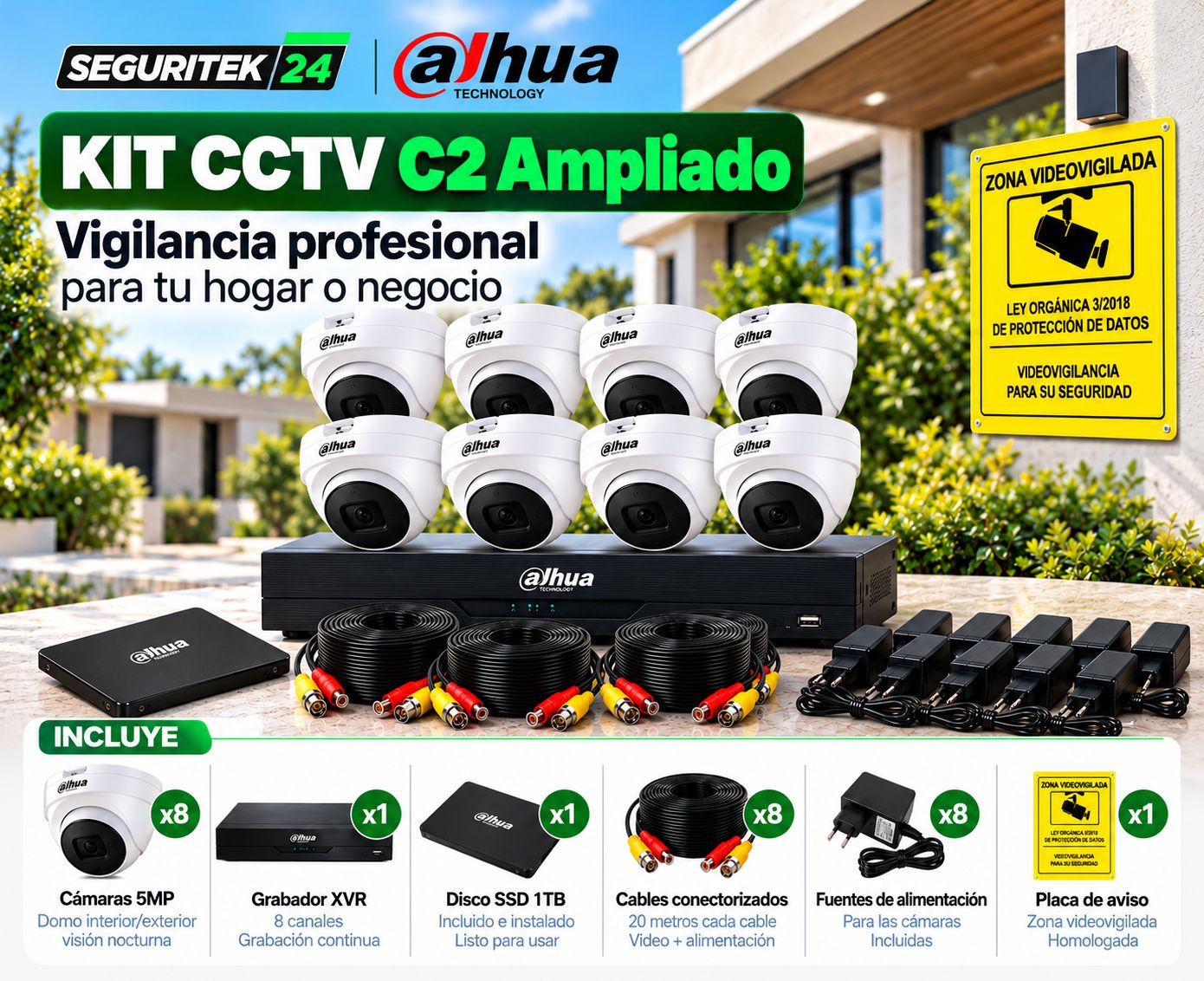Kit CCTV C2 Ampliado Dahua 8 Cámaras 5MP con SSD 1TB