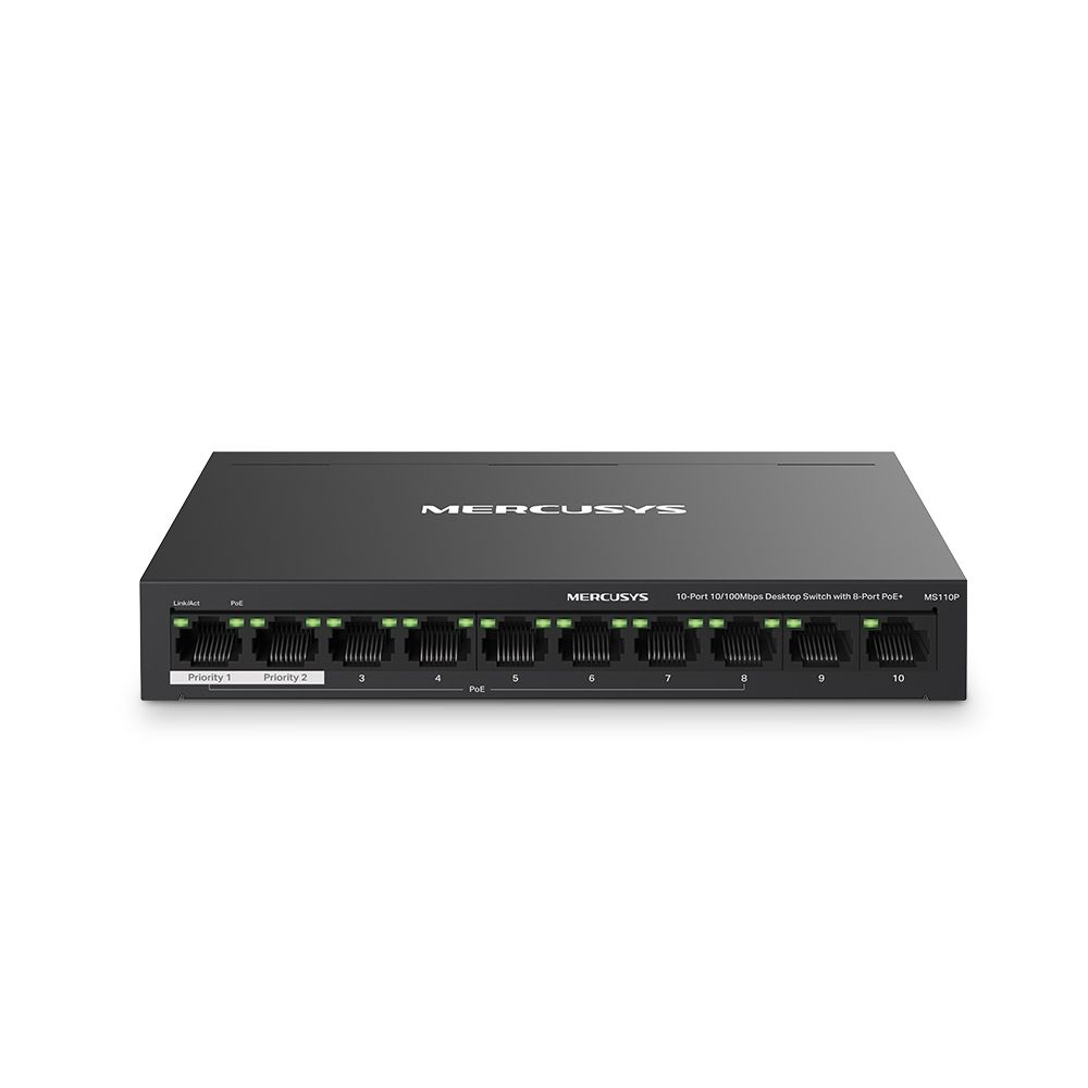 Switch Fast Ethernet Mercusys de 10 puertos con 8 PoE+
