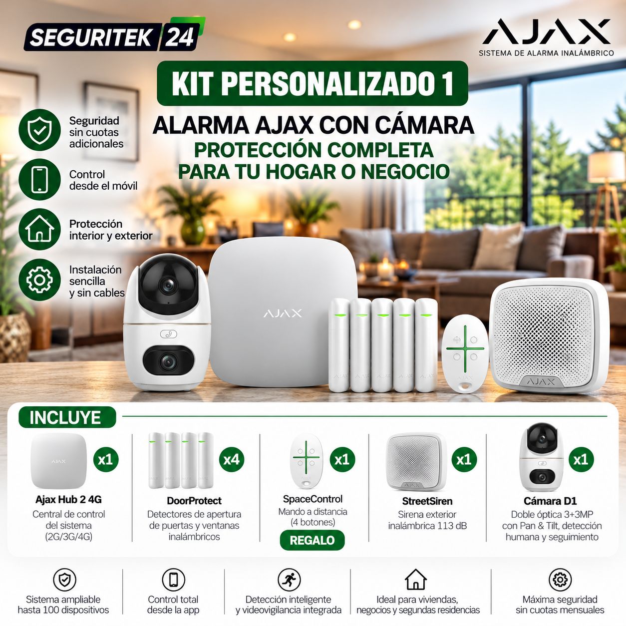 Kit P1 | Alarma Ajax 4G con 4 sensores, sirena exterior y cámara Dahua Kit P1 | Alarma Ajax 4G con 4 sensores, sirena exterior y cámara Dahua