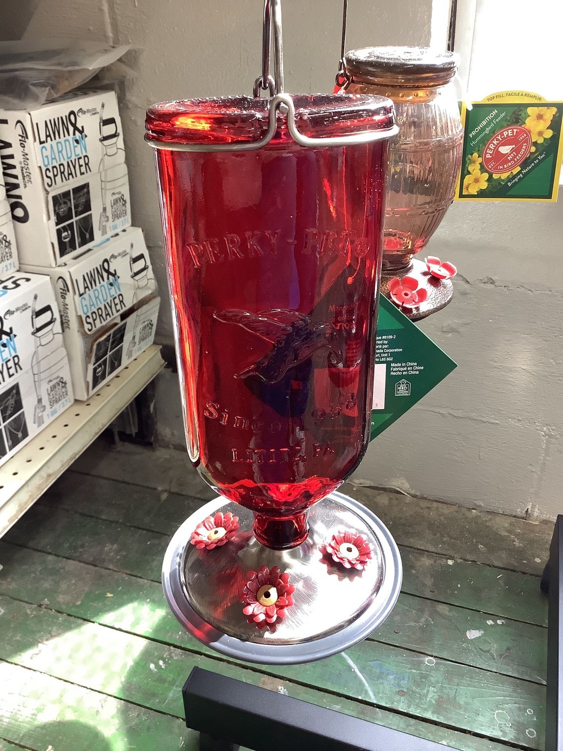 Red Antique Bottle Hummingbird Feeder