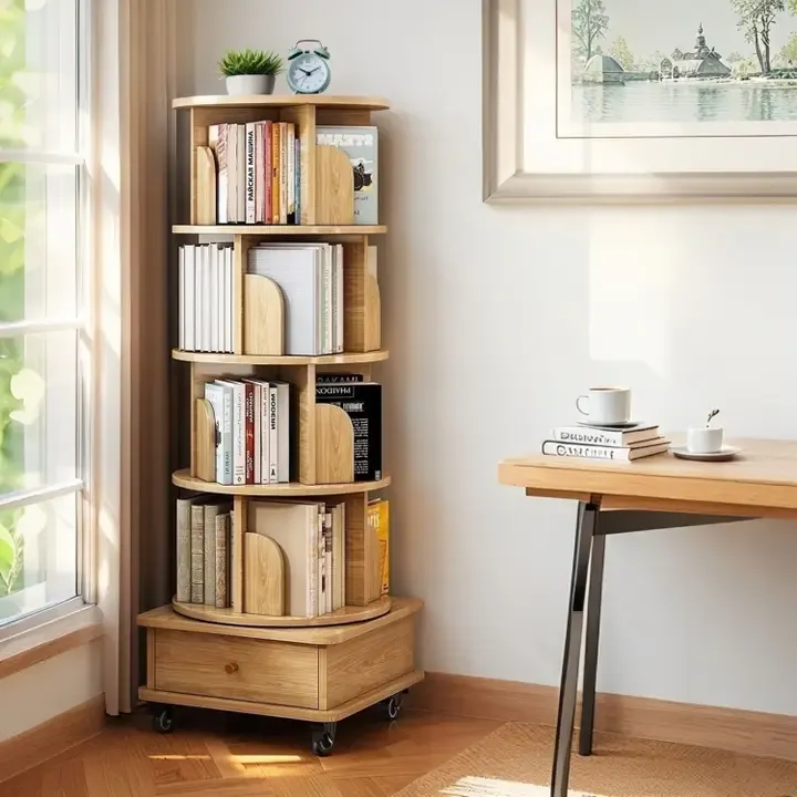 5-Tier Rotating Wooden Bookshelf with Drawer 5-Tier Rotating Wooden Bookshelf with Drawer | Oakenora Home