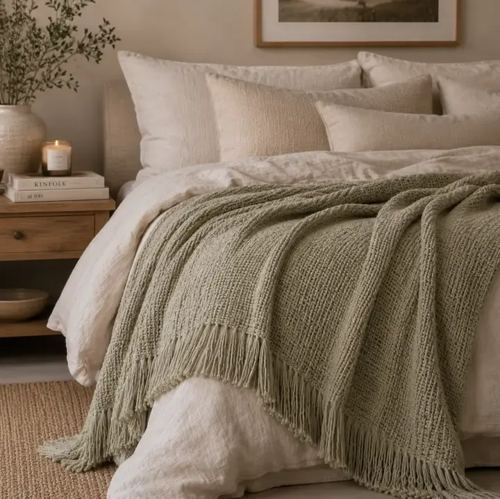 Sage Textured Throw Blanket with Fringe Sage Textured Throw Blanket with Fringe | Oakenora Home