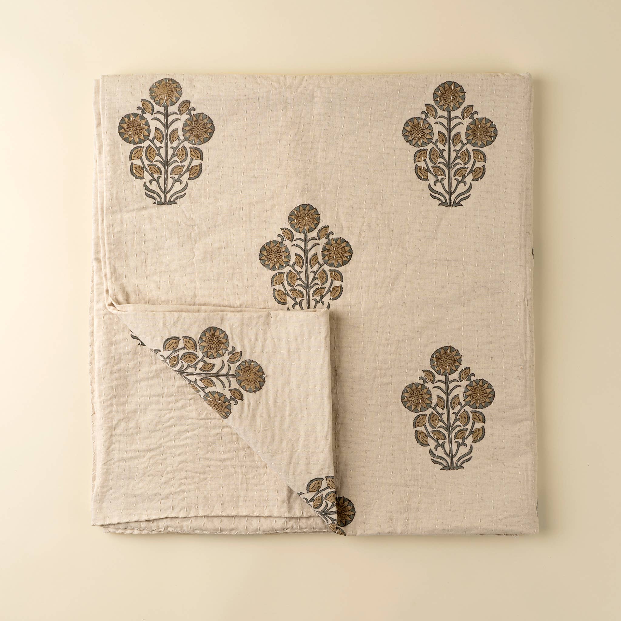 Senna Block Print Kantha Bed Blanket