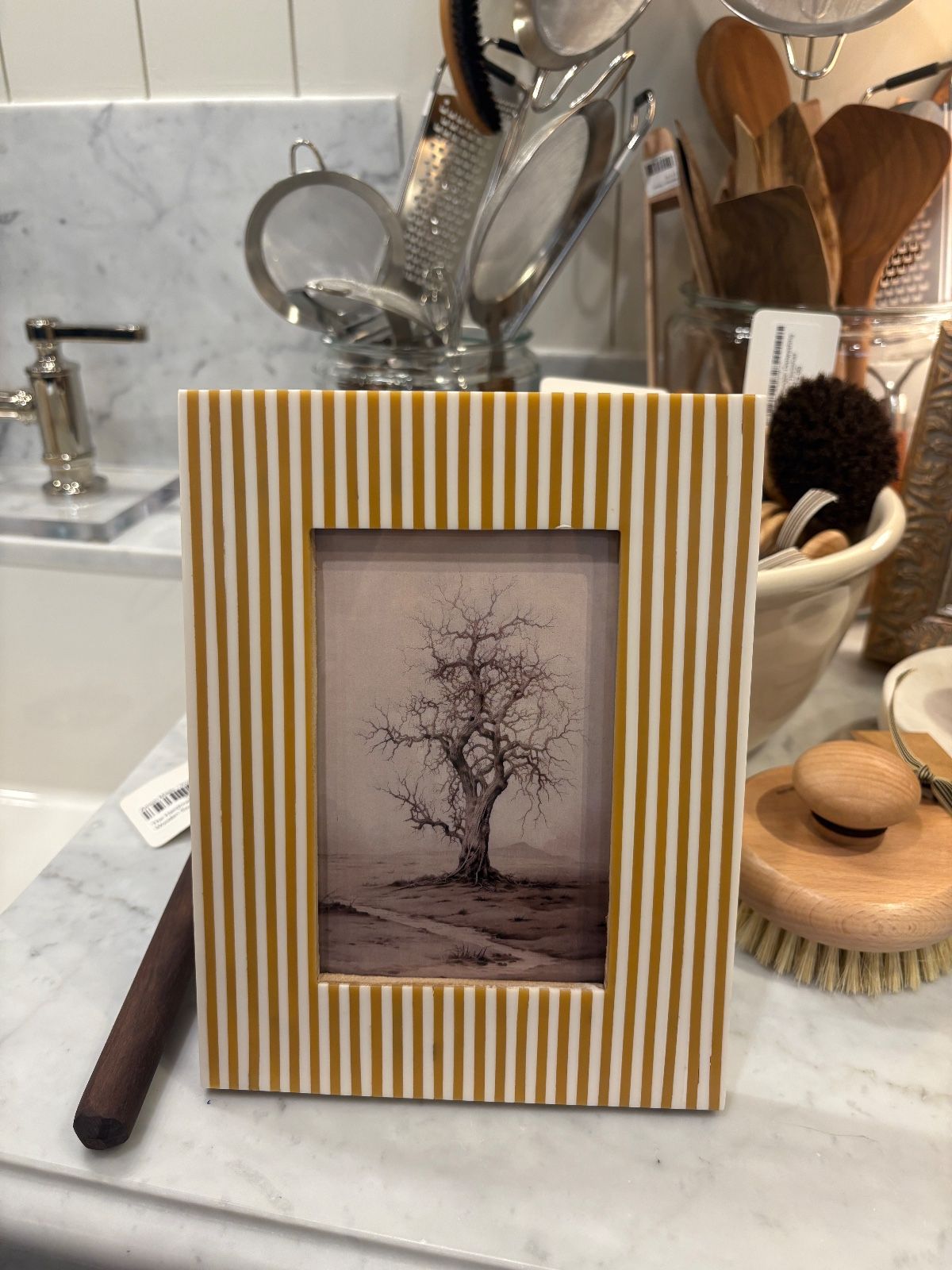 Resin Striped Photo Frame, White & Caramel Color (Holds 4" x 6" Photo)