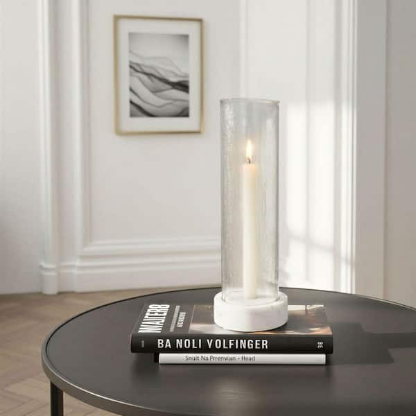 Glass Hurricane with Marble Base Taper Holder, White, Set of 2