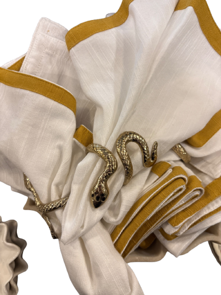 Cast Aluminum Snake Shaped Napkin Rings, Gold Finish, Set of 4 Tied with Jute