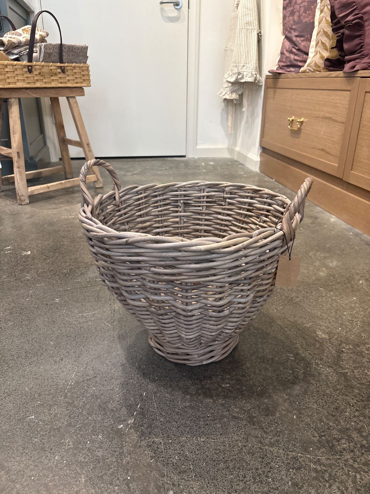 Hand-Woven Rattan Footed Basket w/ Handles, Natural