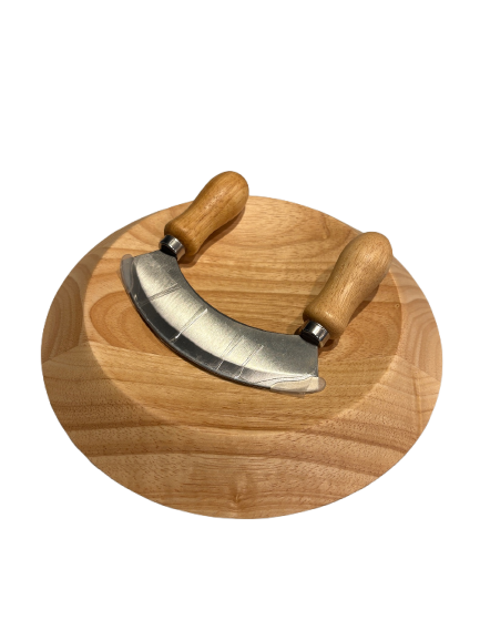 Rubberwood Herb Cutting Board w/ Stainless Steel Mezzaluna & Inset, Set of 2