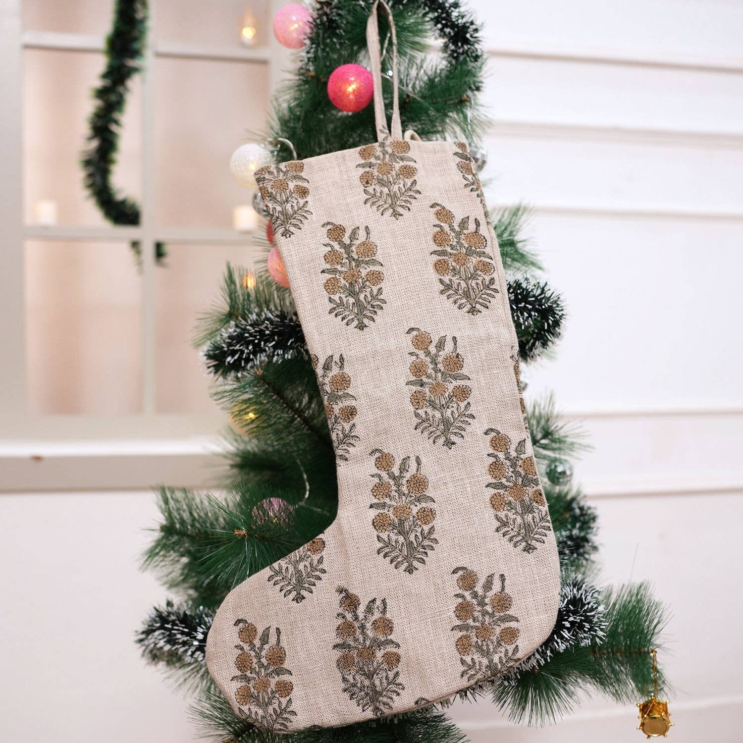 Natural Block Print Design Christmas Tree Stocking - Hajara