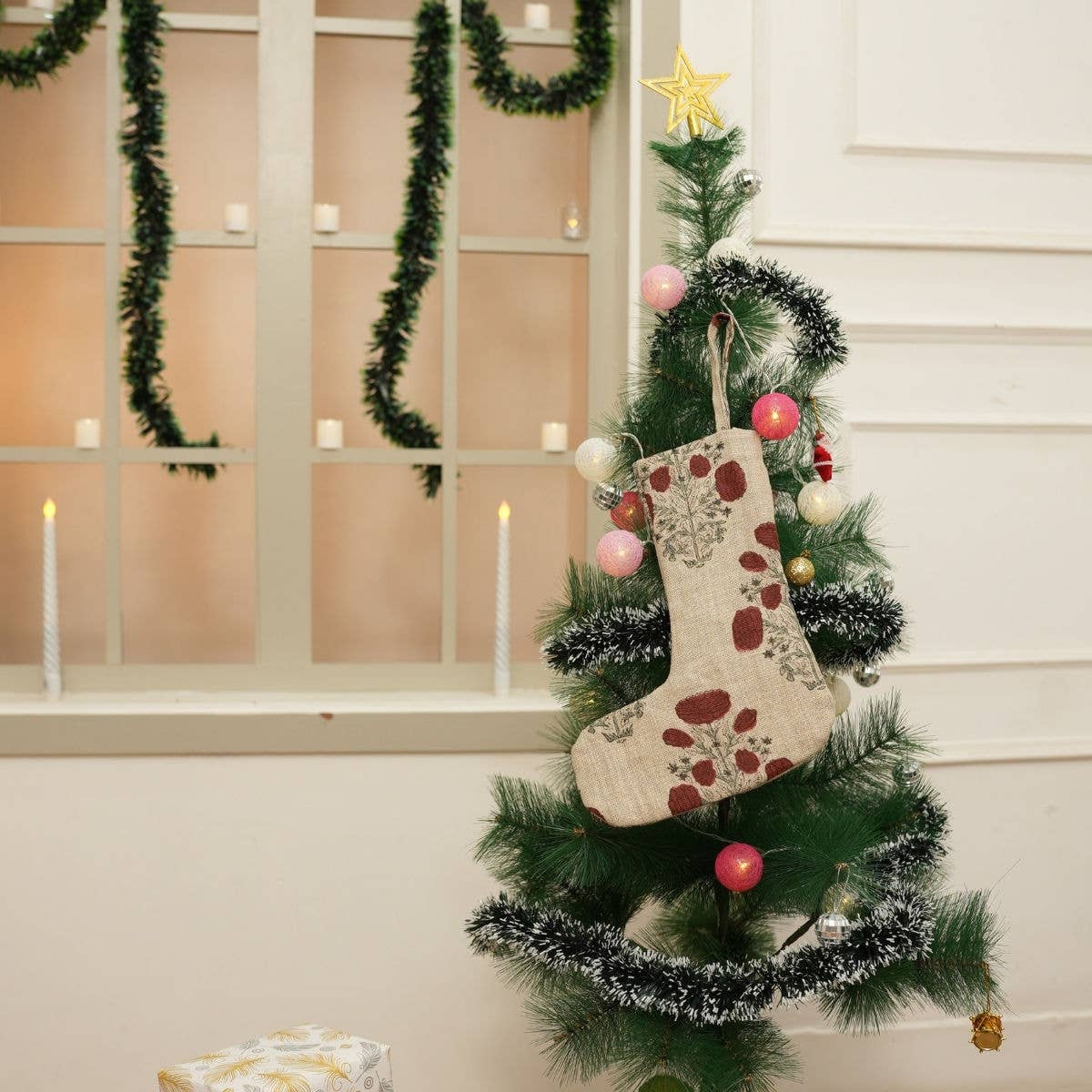 Boho Block Hand Print Christmas Tree Stocking - Swadesh