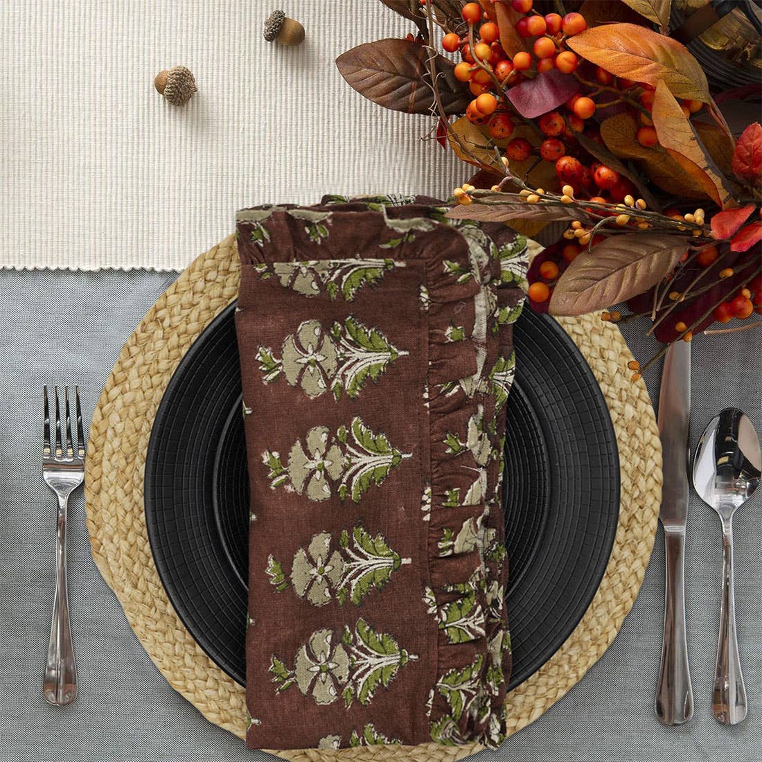 Modern Block Printed Table Set Of 4 Frill Napkin - Mor Mukut