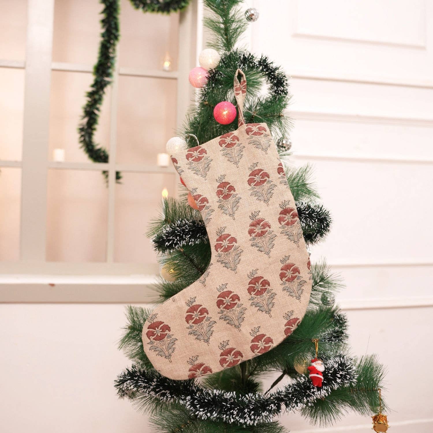 Interior Decor Hand Block Christmas Tree Stocking - Mormukut
