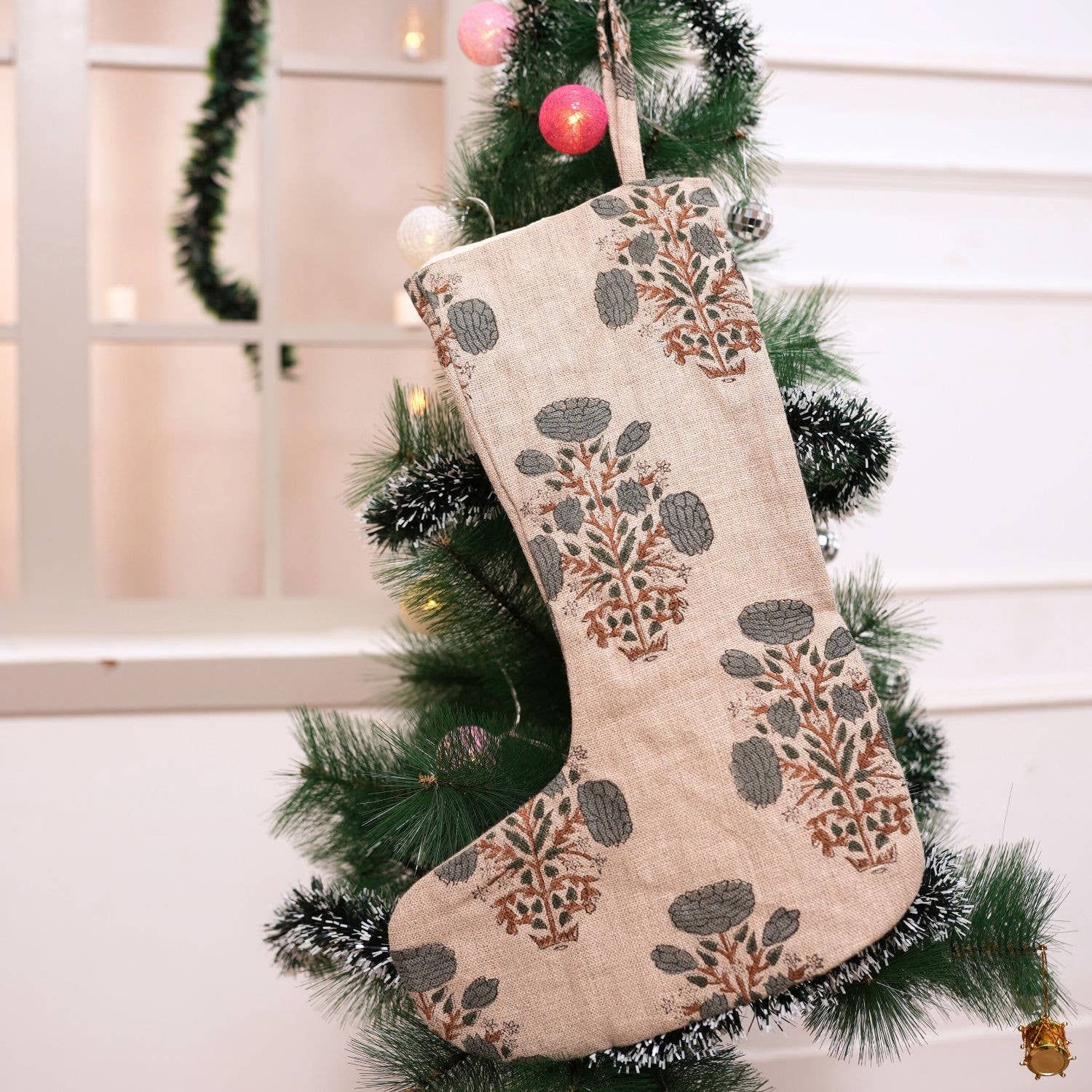 Floral Block Printed Christmas Tree Stocking - Swadesh