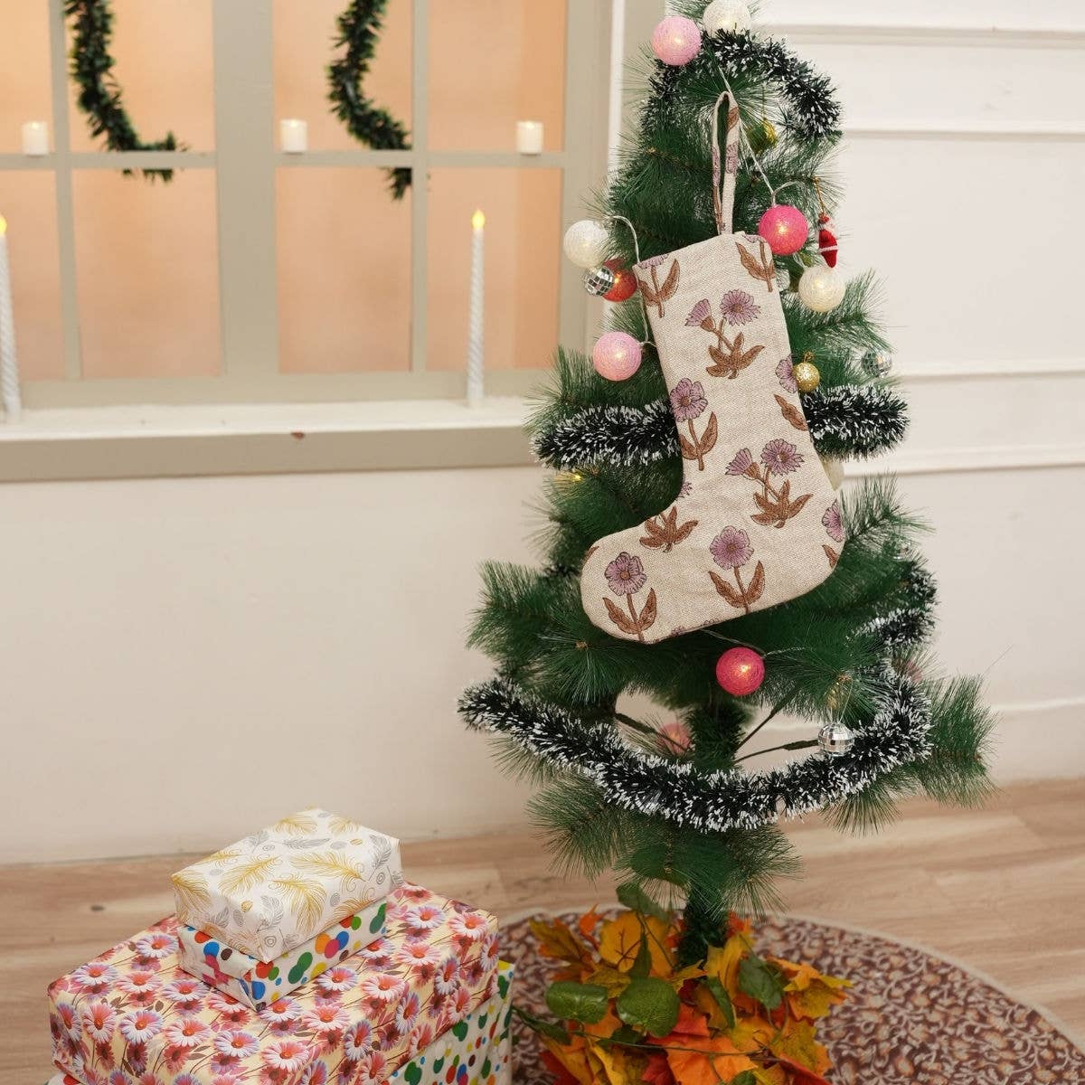 Floral Crafted Block Print Christmas Tree Stocking -Kirti