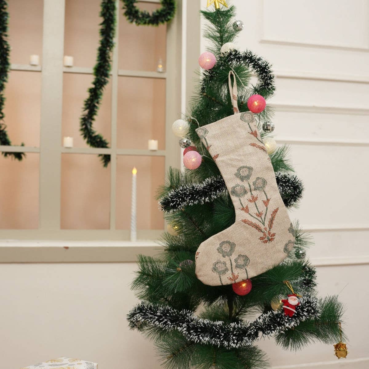 Floral Block Printed Christmas Stocking For Tree - Amitabh