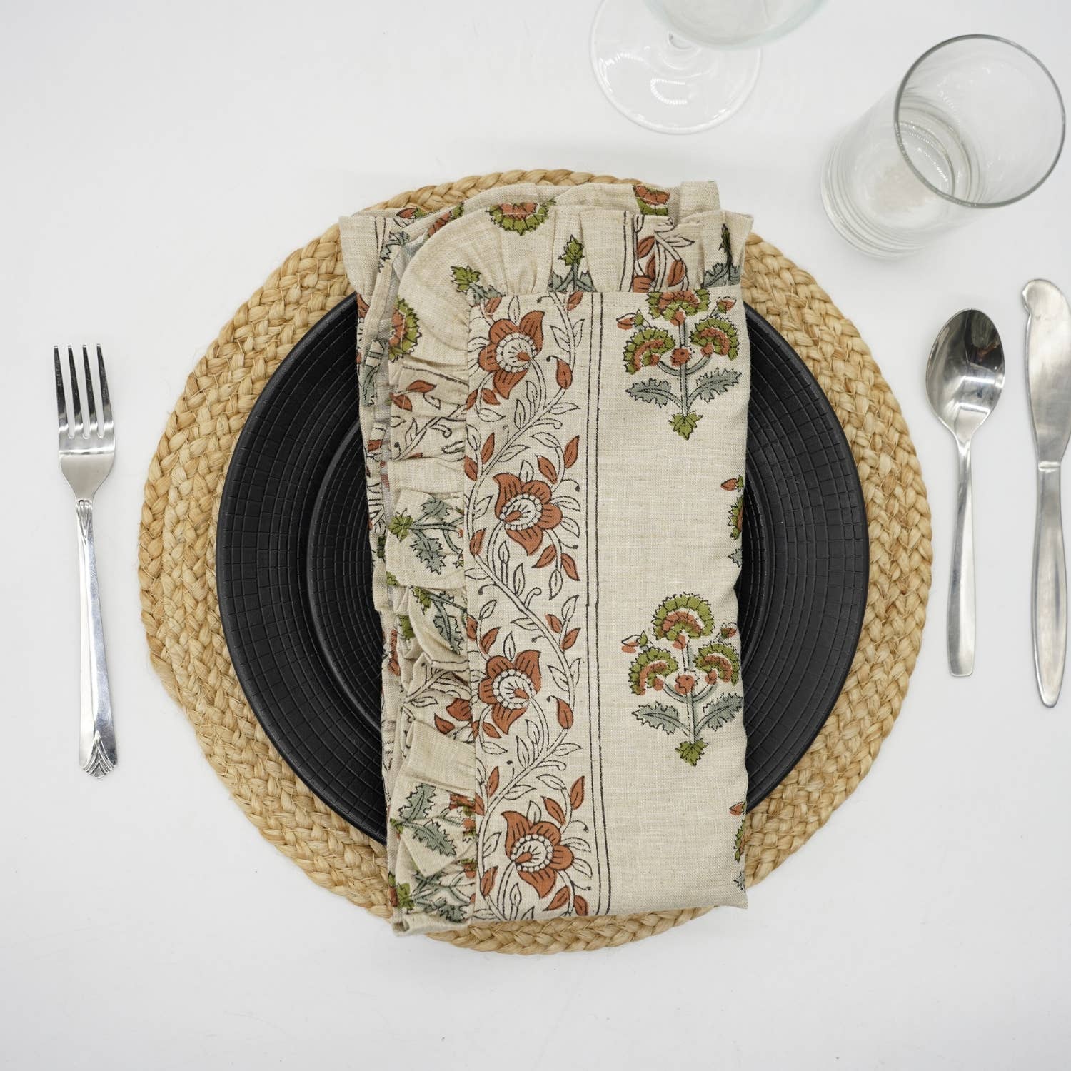 Boho Block Print Set Of 4 Frill Napkin- Traffic Light Border