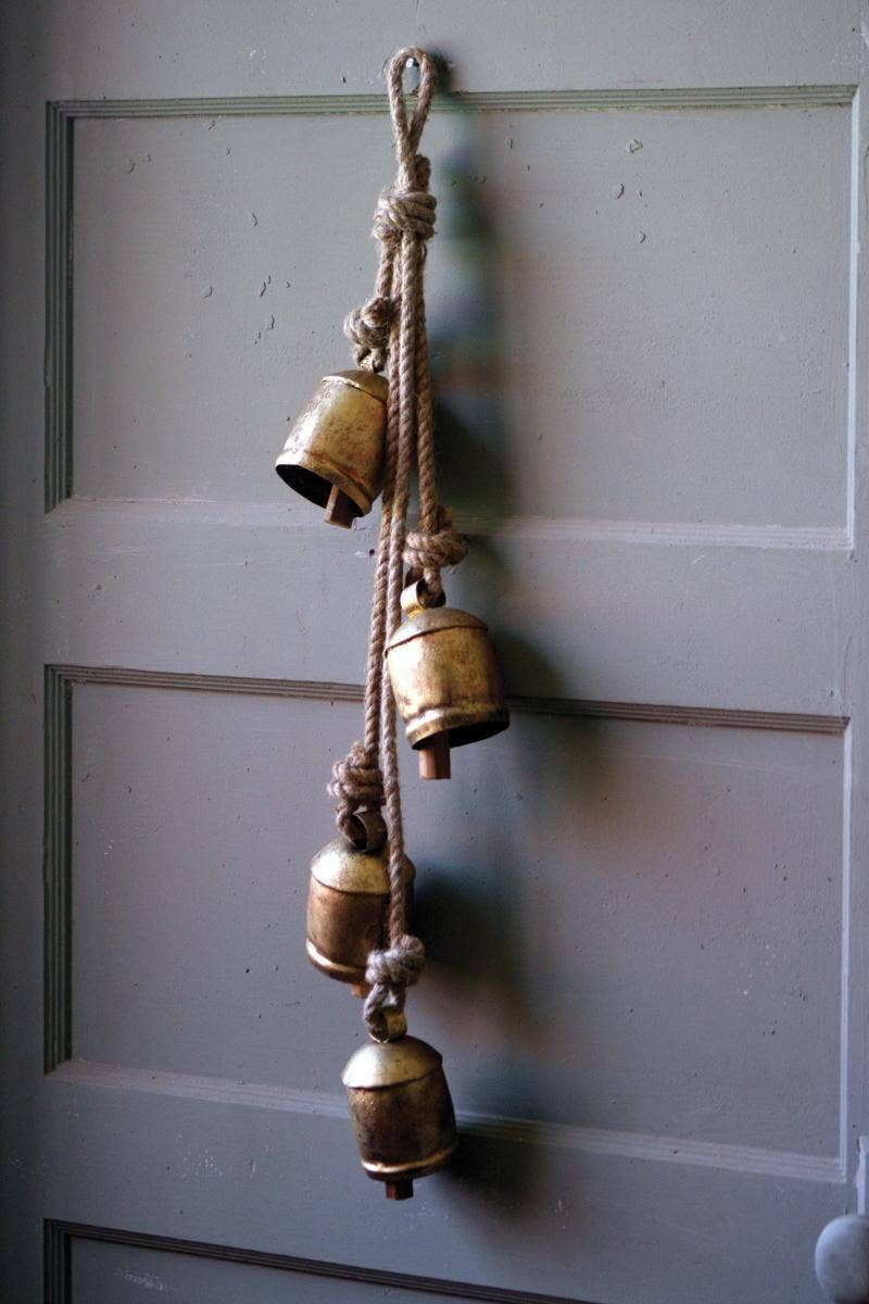 FOUR RUSTIC IRON HANGING BELLS