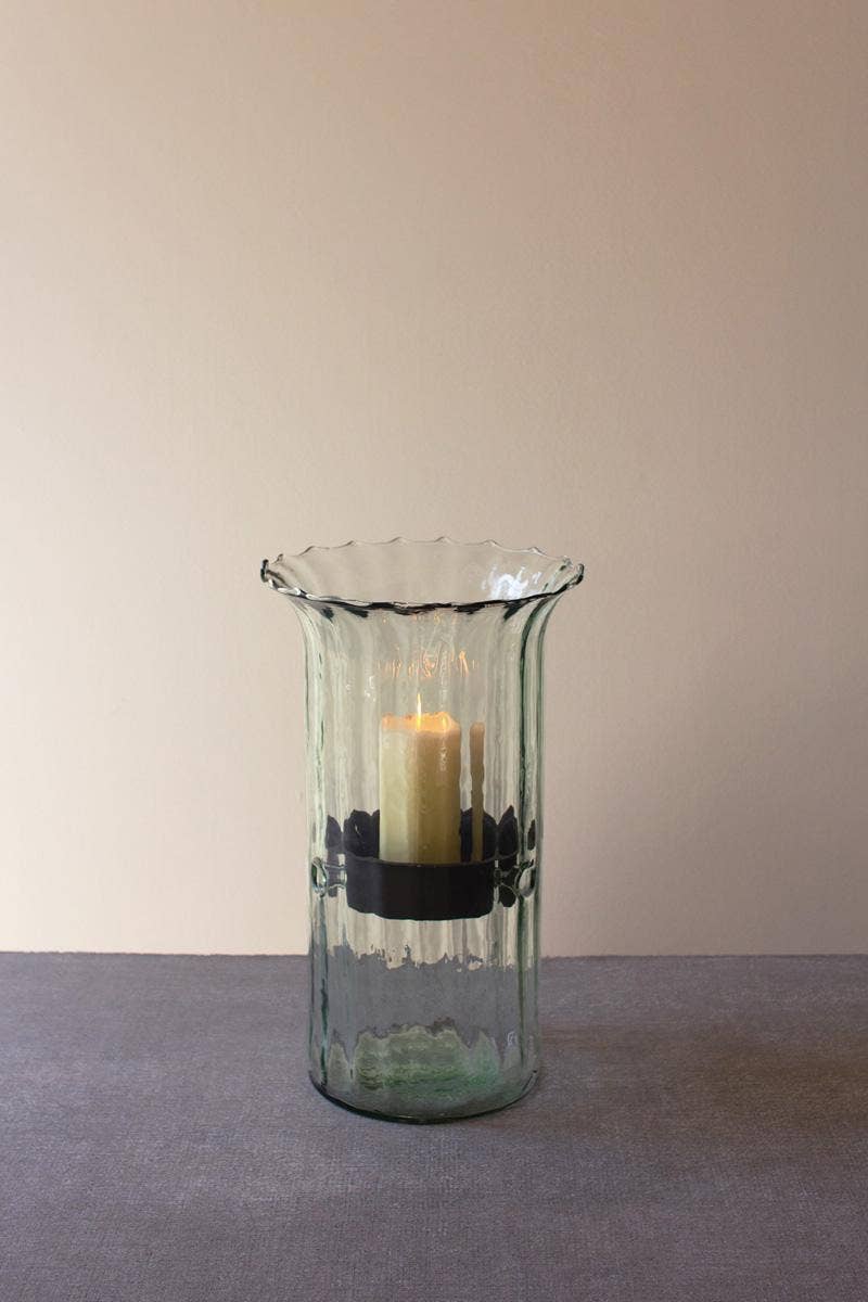 Kalalou - RIBBED GLASS CANDLE CYLINDER W RUSTIC INSERT - MEDIUM