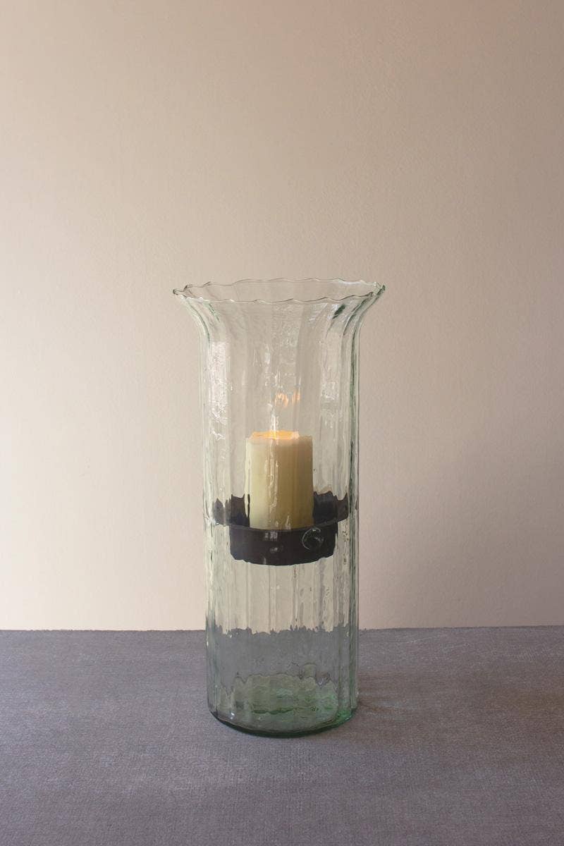 Kalalou - RIBBED GLASS CANDLE CYLINDER W RUSTIC INSERT - LARGE