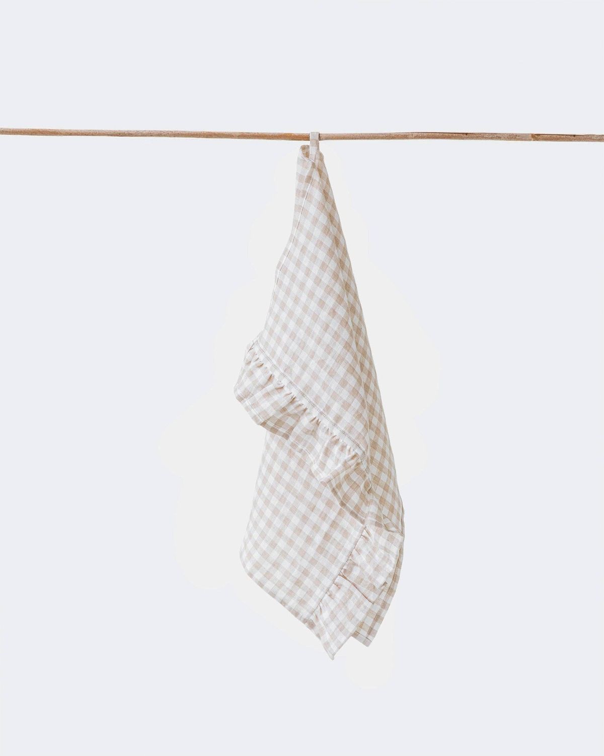 Ruffle trim linen tea towel in Natural gingham | Kitchen towel
