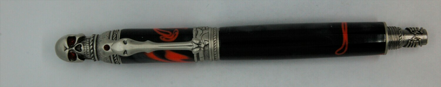 Bone-writer Fountain Pen  Black with red swirls resin. 
Hardware is Antique Pewter.