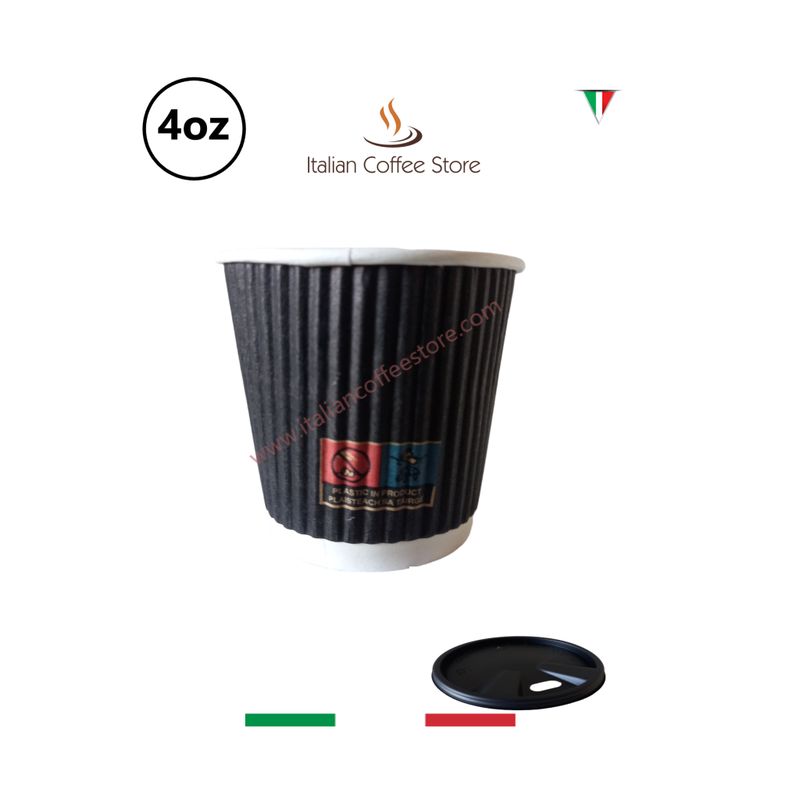 100 Disposable Black Ripple Cups Triple Walled With Reusable Lids