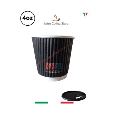 100 Disposable Black Ripple Cups Triple Walled With Reusable Lids
