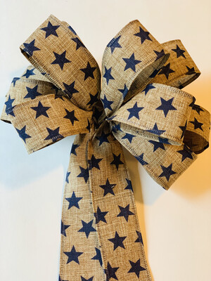 Patriotic Stars Tan Navy Natural Burlap Bow