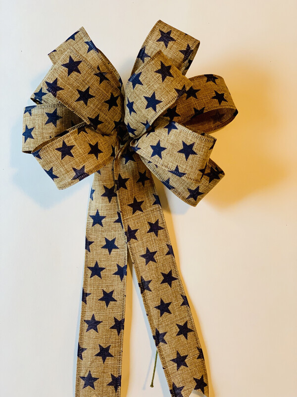 Patriotic Stars Tan Navy Natural Burlap Bow