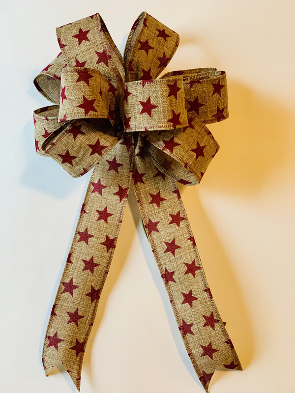Patriotic Stars Tan Red Natural Burlap Bow