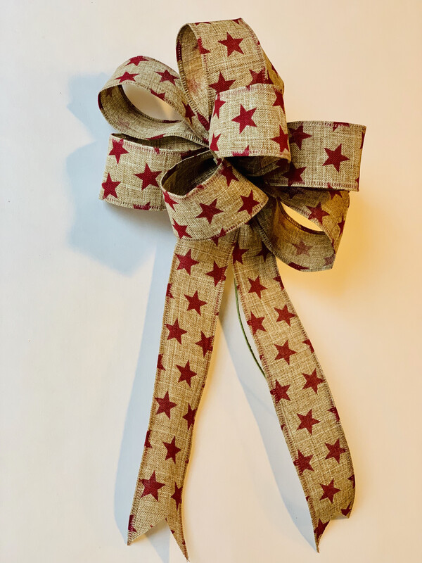 Patriotic Stars Tan Red Natural Burlap Bow