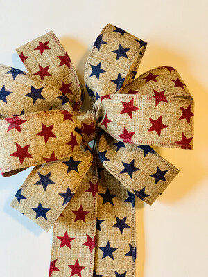 Patriotic Stars Tan Navy Red Natural Burlap Bow