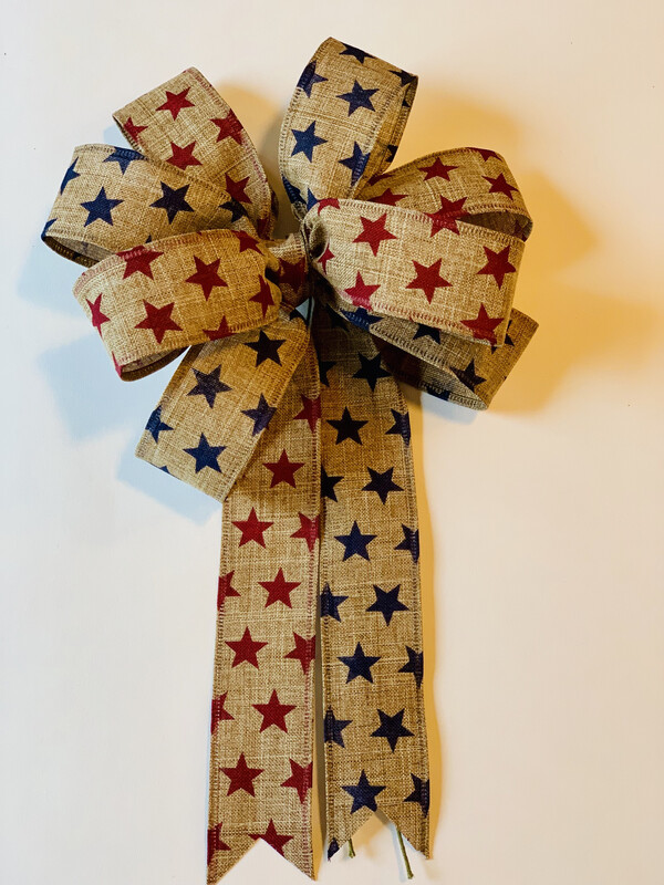 Patriotic Stars Tan Navy Red Natural Burlap Bow