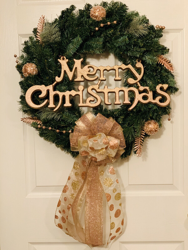 Merry Christmas Rose Gold Evergreen Wreath